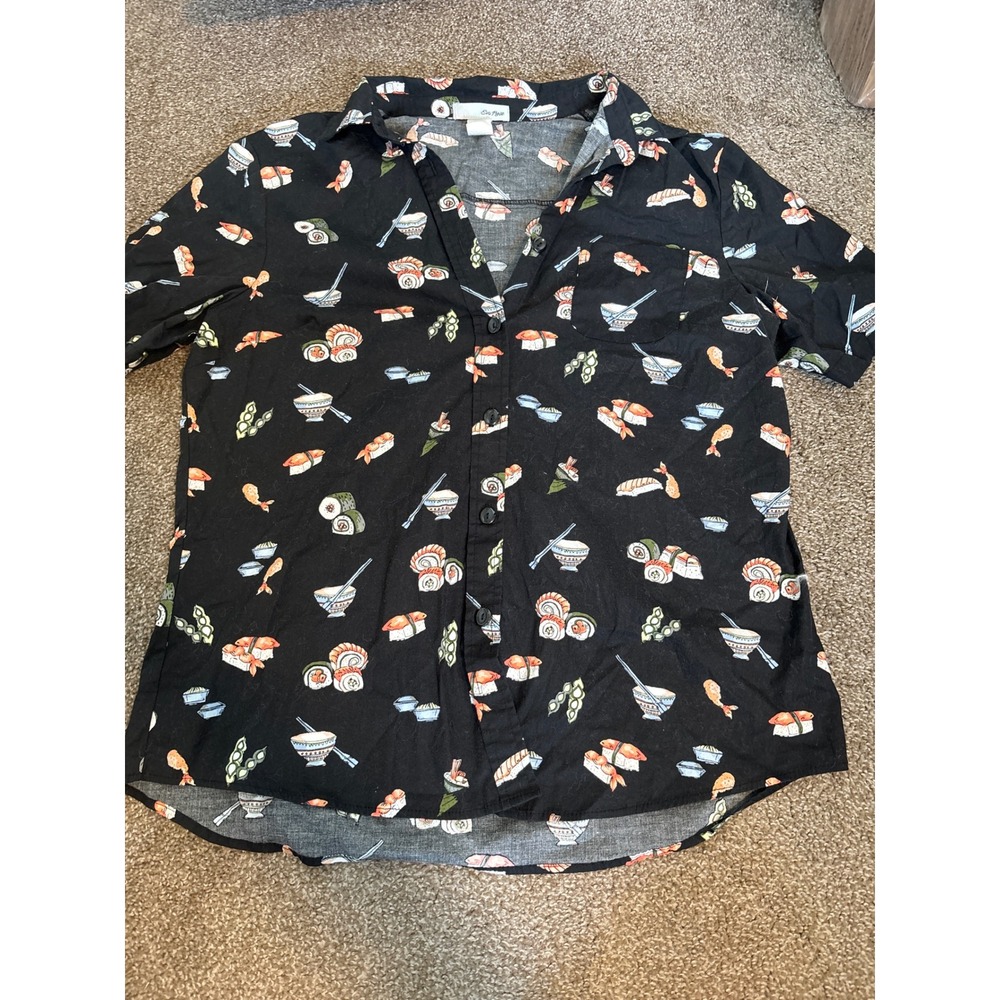 Eva Rose Sushi Print Button Up Shirt Womens XL Black Short Sleeve Excellent Food